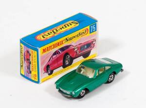 MATCHBOX: Hard to Find 1970s Lesney Era 1-75 ‘Superfast’ G Type Ferarri Berlinetta (75) – Metallic Green Body, White Interior, Silver Trim and Superfast Wheels. Mint in original cardboard packaging.