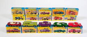 MATCHBOX: Group of 1970s Lesney Era 1-75 ‘Superfast’ G Type Model Cars Including Draguar (36); And, Honda Motorcycle with Trailer (38); And, 8 Wheel Tipper (51). Most mint, all in original cardboard packaging. (57 items)