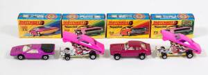 MATCHBOX: Group of 1970s Lesney Era 1-75 ‘Superfast’ H Type Model Cars Including Ford Capri (54); And, Dodge Dragster (70); And, Alfa Carabo (75). All mint in original cardboard packaging. (9 items)