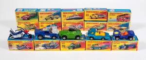 MATCHBOX: Group of 1970s Lesney Era 1-75 'Superfast', 'Rola-matics', ‘Choppers’ I Type Model Cars Including Stingeroo (38); And, Articulated Truck (50); And, Hovercraft (72). Most mint, all in original cardboard packaging. (80 items)