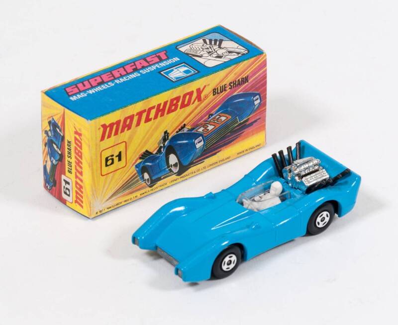 MATCHBOX: 1970s Blue Shark Pre-Production Colour Trail (61) - Light Blue Body, Chrome Engine with Black Exhaust Stacks, White Plastic Figure Driver and Steering Wheel. Mint in standard issue cardboard box. 
