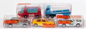 MATCHBOX: 1970s Group of German Issue 1-75 Model Cars Including Stretcha Fetcha (46) – Red with White Interior, Blue Glass and red Metal Base; And, Freeway Gas Tanker (63) – Blue Cab with Blue and White Tanker Trailer; And, VW Golf (7) – Yellow with Orang