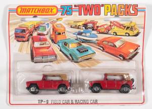 MATCHBOX: 1970s 1-75 ‘Two packs’ Unusual Incorrectly Packaged Field Car and Racing Car (TP-9) Instead of the Racing Car it has Another Field Car. Mint and unopened on original cardboard card. 