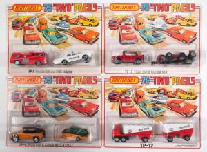 MATCHBOX: Group of 1970s 1-75 ‘Two Packs’ Blister Packs  Including Jeep & Glider Trailer (TP-7); And, Field Car & Honda Motorcycle (TP-8); And, Fire Chief & Ambulance (TP-10). All mint and unopened on original cardboard cards. (17 items approx.)