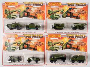 MATCHBOX: Group of 1970s Military ‘Two Packs’ Blister Packs Including Military Police & Field Car (TP-12); And, Military Scout & Armoured Car (TP-13); And, Military Truck & Trailer (TP-15). All mint and unopened on original cardboard cards. (13 items appr