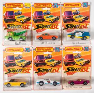 MATCHBOX: Group of 1970s 1-75 ‘Superfast’ Model Cars Including Hellraiser (55); And, Road Roller (21); And, Holden Pick-Up with Motorcycles (60). All mint and unopened on original cardboard cards. (85 items approx.)