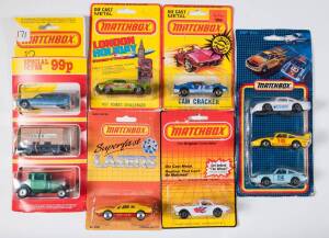 MATCHBOX: Group of 1980s Model Car Blister Packs Including Limited Edition Sun Burner Celica; And, Code Red Pumper; And, Silver Jubilee the Londoner. All mint and unopened on original cardboard cards. (35 items approx.)