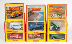 MATCHBOX: 1980s Group of German Model Cars Including Krankenwagen (41); And, Adidas Chevy Transporter (68); And, Polizeimotrrad (33). All mint in original cardboard windowed boxes. (8 items)