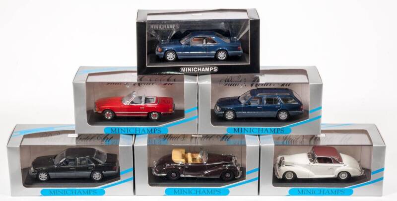 MINICHAMPS: 1:43 Group of Mercedes Model Cars Including 1951 Mercedes Benz 300 S Cabriolet Soft Top (32341); Mercedes E-Class (33542) – Green; And, Mercedes 350 SL Cabriolet Soft Top Closed (33441) – Light Blue. All mint in original perspex display case.