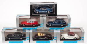 MINICHAMPS: 1:43 Group of Mercedes Model Cars Including 1951 Mercedes Benz 300 S Cabriolet Soft Top (32341); Mercedes E-Class (33542) – Green; And, Mercedes 350 SL Cabriolet Soft Top Closed (33441) – Light Blue. All mint in original perspex display case. 