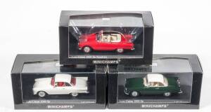 MINICHAMPS: 1:43 Group of Auto Union Model Cars Including 1958 Auto Union 1000 Sp (11030) – Red; And, 1958 Auto Union 1000 Sp (11021) – Dark green; And, 1958 Auto Union 1000 Sp (11020) – Cream.  All mint in original perspex display case. (3 items)