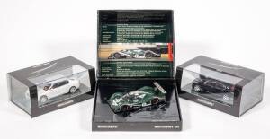 MINICHAMPS: 1:43 Group of Bentley Model Cars Including 2005 Bentley Continental Flying Spur (139461) – White; And, 2005 Bentley Continental Flying Spur (139460) – Black; And, 2002 Bentley EXP Speed 8 Le Mans 24 Hour (21308) – Dark green V. D. Poele.  All 