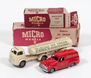 MICRO MODELS (Australia): Pair of 1950s Commercial Model Vehicles Consisting of ‘Peters’ Ice Cream Milk Tanker; And, ‘Roil Mail’ Holden Panel Van. Mint to near mint in original maroon and grey cardboard boxes. Damage to the one of the cardboard boxes and 