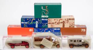 RIO: 1:43 Group of Model Cars Including 1914 Fiat Autocarro Civile 18 BL (A-4) - Red; And, 1931 Mercedes Benz Model SSKL (79) – White; And, 1936 Hispano Suiza (83) – Light Blue. All mint in original paerspex display case and cardboard box. (30 items)