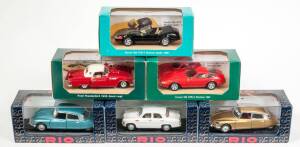 RIO: 1:43 Group of Model Cars Including 1956 Ford Thunderbird (R5) – Red with White Top; And, 1955 Mercedes Benz 190 SL Roadster (R6) – White; And, Lamborghini Miura SV 1971 (SL017) – Blue. All mint in original paerspex display case and cardboard box. (37