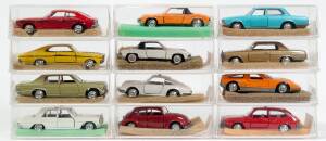 SCHUCO: German Group of Model Vehicles Including BMW 2800 (301830) – Blue; And, Mercedes 250 CE (820) – Gold; And, Mercedes C111 (828) – Orange. All mint in original perspex display cases. Damage to some of the perspex cases. (67 items approx.)
