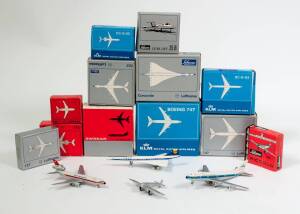 SCHUCO: Group of Model Aircrafts Including Lufthansa Concorde (784/5); And, KLM Royal Dutch Airlines Boeing 747 (335 793); And, Lufthansa Boeing 737 (784/1); And, Lear Jet 25B (335 794). All mint in original cardboard packaging. (12 items) 