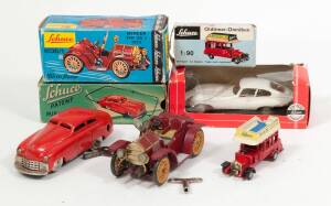 SCHUCO: Vintage Group of Model Cars Including Mirakocar 1001 – Red and Made in the US Zone Germany; And, Micro Racer Jaguar E Type (1047/1) – White and Made in West Germany; And, Micro Racer 1913 Mercer Type 35 J  (1036/1) – Red and Made in West Germany. 