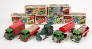 TRI-ANG: 1950s to Early 1960s Group of Metal Minic Clockwork Model Vehicles Including Minic Transport Van – Green Cab with Red Trailer; And, Delivery Lorry with Cases - Green Cab with Red Trailer and Still Shrink Wrapped Wood Blocks; And, Steam Roller – G