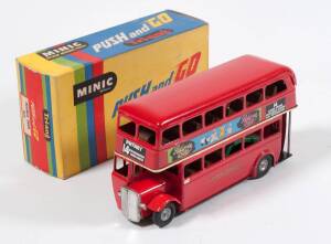 TRI-ANG: 1960s Metal Minic ‘Push and Go’ London Transport Double Deck Bus (60M) – Red Body with No.14 Putney Destination, Minic Cars and Pedigree Dolls Logo Stickers and Working Push & Go Mechanism. Mint in original cardboard box. 