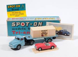 TRI-ANG: Late 1950s to Early 1960s ‘Spot-On’ Austin Type 503 Normal Control and MGA in Crate (106A) - Royal Blue Cab and Trailer with Silver Flatbed, MGA Car is Pink with Grey Interior in Cream Plastic Crate with ‘The British Motor Corporation Limited’ lo