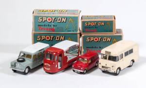 TRI-ANG: Late 1950s to Early 1960s Group of ‘Spot-On’ Model Vehicles Including United Dairies Milk Float (122) – Red and White with White Interior; And, L.W.B. Landrover (161) – Grey with White Roof and Cream Interior; And, Wadham Morris Ambulance (207) –