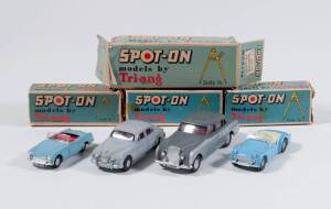 TRI-ANG: Late 1950s to Early 1960s Group of ‘Spot-On’ Model Vehicles Including Austin Healey Sprite Mk III (219) – Blue with Red Interior; And, Triumph T.R.3. (112) –Blue with Cream Interior; And, Jaguar ‘3.4’ (207) – Grey with Red Interior; And, Bentley 