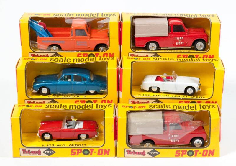 TRI-ANG: Late 1960s Group of ‘Spot-On’ Model Vehicles Including Jaguar ‘S’ (N109) – Metallic Blue with White Interior and plastic figures; And, Fire Department Land Rover (N112) – Red with Brown Plastic Canopy; And, M.G. Midget (N103) – Red with a White I