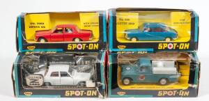 TRI-ANG: Late 1960s Group of ‘Spot-On’ Model Vehicles Ford Zephyr Six (270) – Red with Grey Interior and plastic figures; And, RAF Land Rover and Fire Pump (415) – Grey/Blue with Grey Interior; And, Austin 1800 (286) – Blue with Red Interior and Plastic F