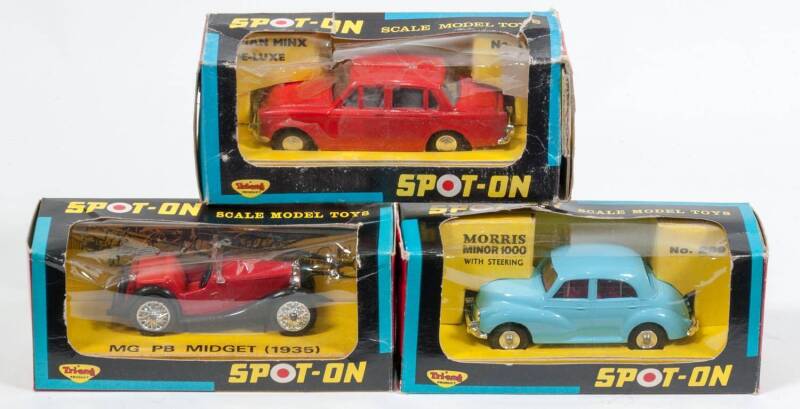 TRI-ANG: Late 1960s Group of ‘Spot-On’ Model Vehicles Hillman Minx De-Luxe (287) – Red with Grey Interior; And, Morris Minor 1000 (289) – Light Blue with Red Interior; And, MG PB Midget 1935 (279) – Red with Red Interior. All mint to near mint in original