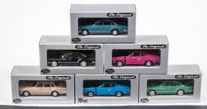 TRAX: 1:43 Group of Chryslers Including 1971 Chryslers Valiant Charger R/T (TR11D) – Mustard; And 1962 Chryslers R Series Valiant (TR35B) – White; And, 1962 Chryslers S Series Valiant (TR36) – Turquoise. All mint in original cardboard windowed boxes. (17 