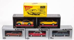 TRAX: 1:43 Group of Holden Model Cars Including Holden EH Sedan (TR5C) – Maroon with White Roof; And, Holden FC Sedan ‘Aussie Taxi Series’ (TR13E) – ‘Yellow Cab Company’; And, 1977 Holden LX Torana SS A9X Hatch (TR28D) – Red. All mint in original windowed