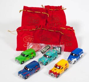 TRAX: 1:43 Group of TRAX Club Model Cars and Other Items Including FJ Holden Panel Van 2006 Member ‘21st Anniversary’; And, FJ Holden Panel Van 2002 Member Roadshow; And, FJ Holden Panel Van 2004 Member. All mint in original Trax Club pouches with miscell