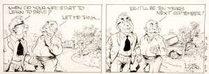 CARL LYON (1903-82), original 'Wally and the Major' Cartoons (10), pen and ink on paper, all signed lower right, each overall 56x21cm. Together with Printer's Proofs; plus book "An Introduction to Carl Lyon" by Burgess [Sydney, c1988].