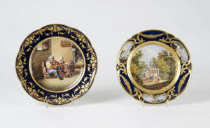 FRENCH PORCELAIN PLATES: 2 hand painted cabinet plates with gilt highlights, one signed Teniers, 19th century. 24cm & 26cm