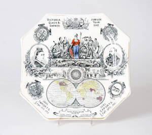 Commemorative Octagonal Plate, "Victoria Queen & Empress. Jubilee Year 1887" by&nbsp;Nestle & Huntsman, London: 1887.&nbsp;Ceramic plate with black & coloured transfer decoration.&nbsp;Registration number printed verso: Rd No 63164.&nbsp;Features hemispheric map of the world