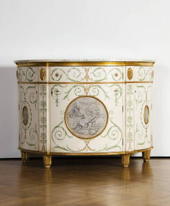 Hand painted&nbsp;three door Demi-Lune side board. 124 x 65 x 88cm