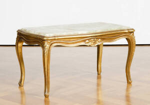 COFFEE TABLE: Italian gilt finished table with green onyx top. 83 x 50 x 44cm