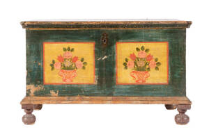 Antique northern European blanket box. Hand painted folkart floral decoration on green background with original key. 114cm x 65cm x 69cm