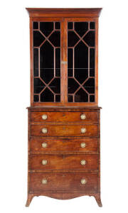 Georgian mahogany bureau bookcase. Interior fitted with flame mahogany drawers and compartments with ivory handles. Cock-beaded drawers with brass handles and astragal glazed doors. Lovely proportions. &nbsp;212cm x 81cmx 53cm
