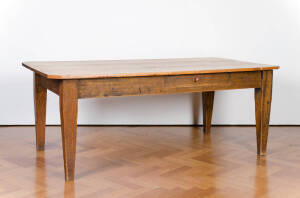 Tasmanian Huon pine and Blackwood farm house kitchen table. Square tapering legs with a single drawer. 19th century. 204cm 104cm x 76cm