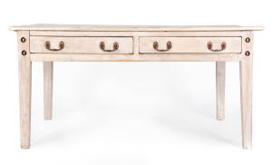 19th Century continental farm house kitchen table. Pine with lime washed finish and 2 drawers and iron handles.