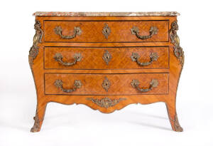 French 18th century Kingwood & parquetry commode with ormolu mounts & marble top. 117 x 51 x 87cm