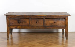 18th century French oak and pine 3 drawer dresser base. 182cm x 74cm x 69cm