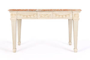 A George III style carved green and cream painted marble top table