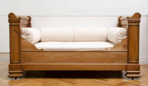 19th Century French daybed. Fruit wooden pine with mattress.&nbsp;