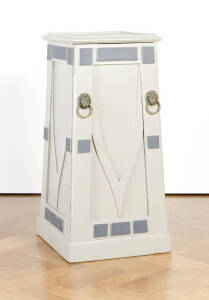 Painted pine antique 1 door tapering music cabinet with brass lions mask handles. 44cm x 44cm x 103cm