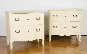 A pair of cream finished 2 drawer serpentine French style chests. 90cm x 51cm x 85cm