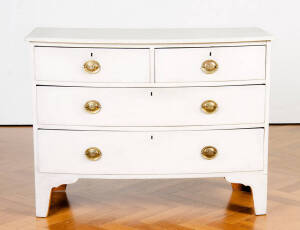 Georgian bow front 4 drawer chest. Lime washed finish with brass fleur de lys handles.