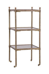 A brass and walnut finish three tier occasional table on casters, English circa 1900